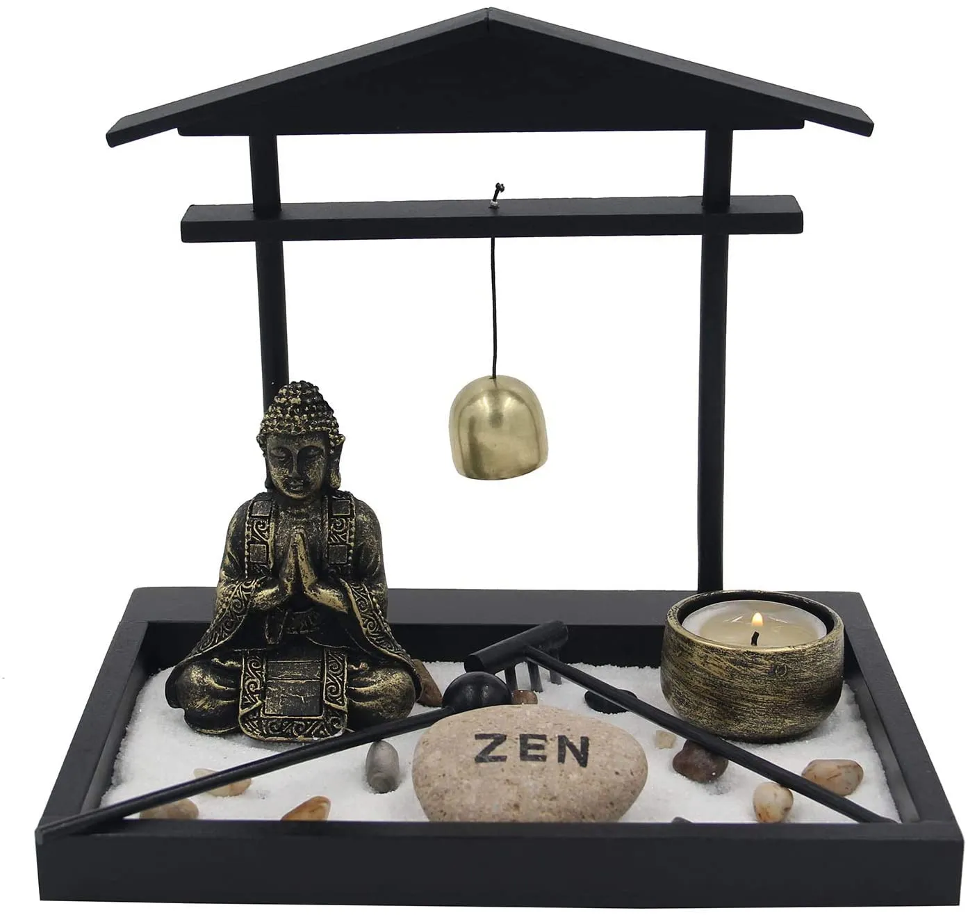 Zen Rock Garden Meditating Statue Bell Rake Sand Candle Burner Tray