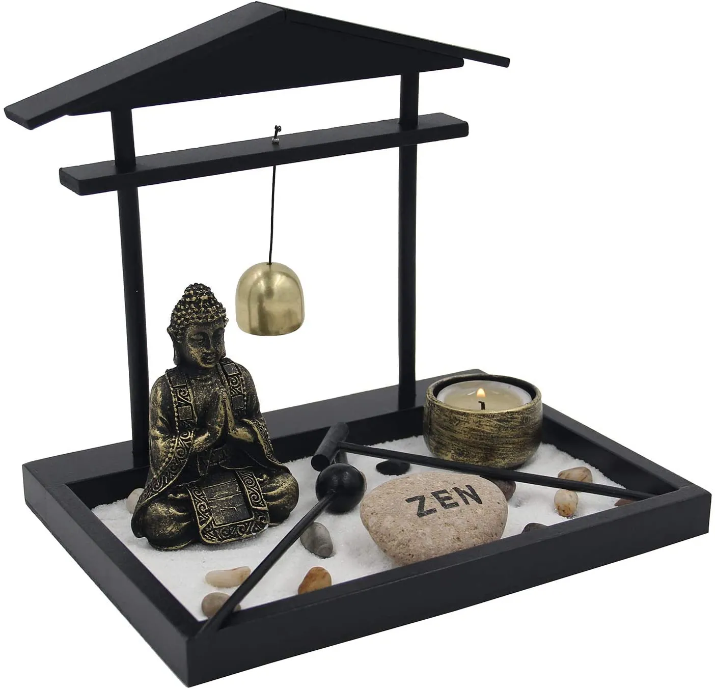 Zen Rock Garden Meditating Statue Bell Rake Sand Candle Burner Tray