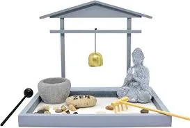 Zen Rock Garden Meditating Statue Bell Rake Sand Candle Burner Tray