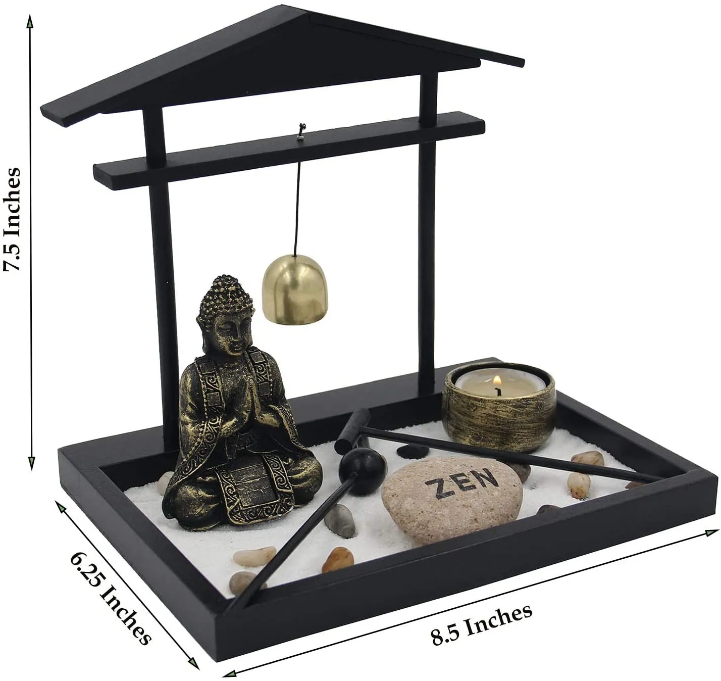 Zen Rock Garden Meditating Statue Bell Rake Sand Candle Burner Tray