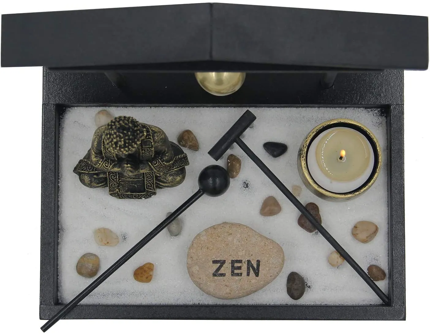 Zen Rock Garden Meditating Statue Bell Rake Sand Candle Burner Tray